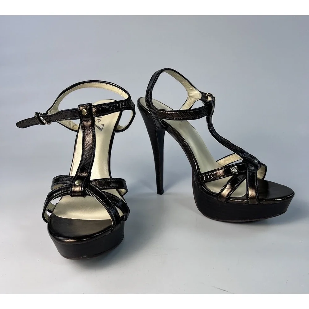 Type Z Naneece Metallic Bronze Strappy T-Strap Platform Stiletto Heels Womens 9M